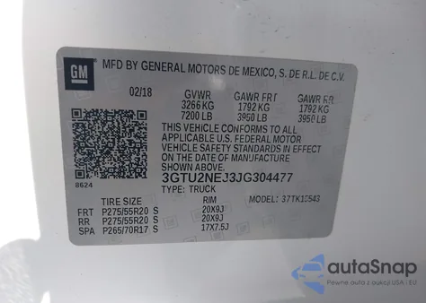 2018 GMC Sierra 1500 Slt z USA, uszkodzony, nr VIN 3GTU2NEJ3JG304477